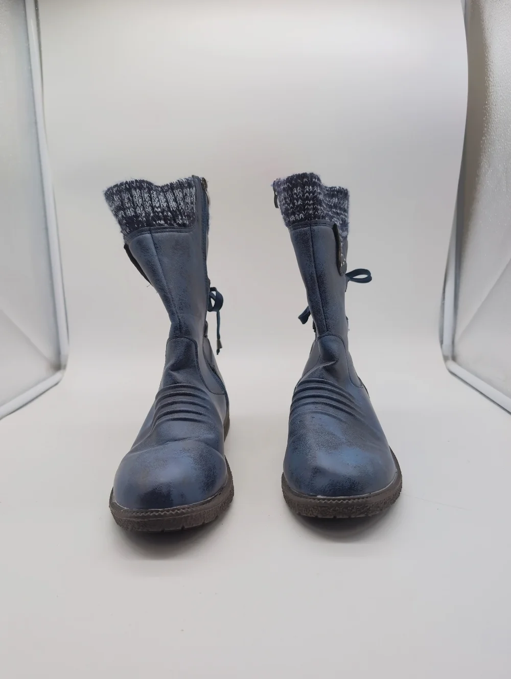 Women's Sz 10 Blue Knit-Top Mid-Calf Snow Boots